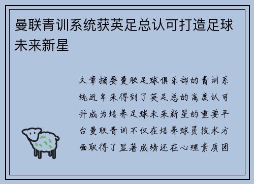 曼联青训系统获英足总认可打造足球未来新星
