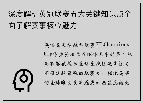 深度解析英冠联赛五大关键知识点全面了解赛事核心魅力