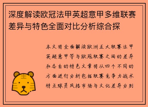 深度解读欧冠法甲英超意甲多维联赛差异与特色全面对比分析综合探